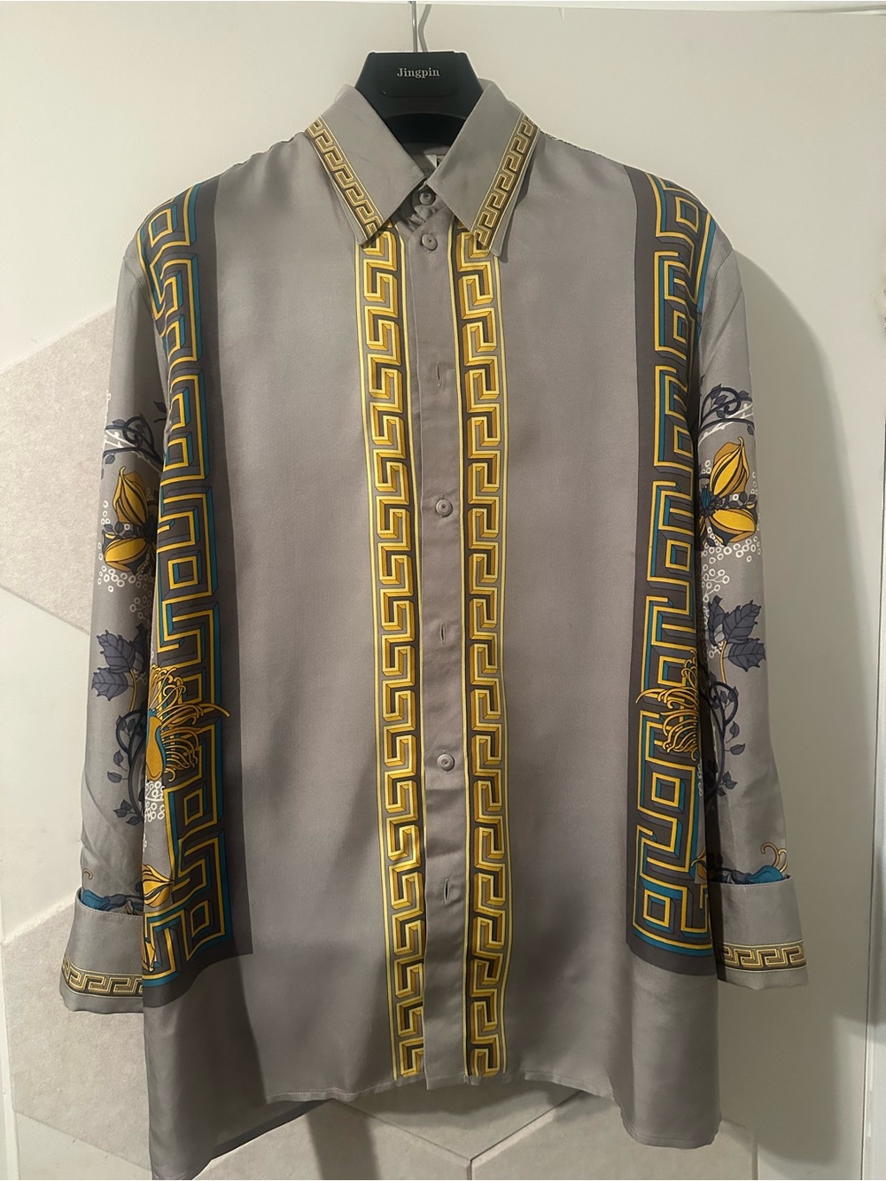 Versace silk Gray and Gold Baroque Print Top
